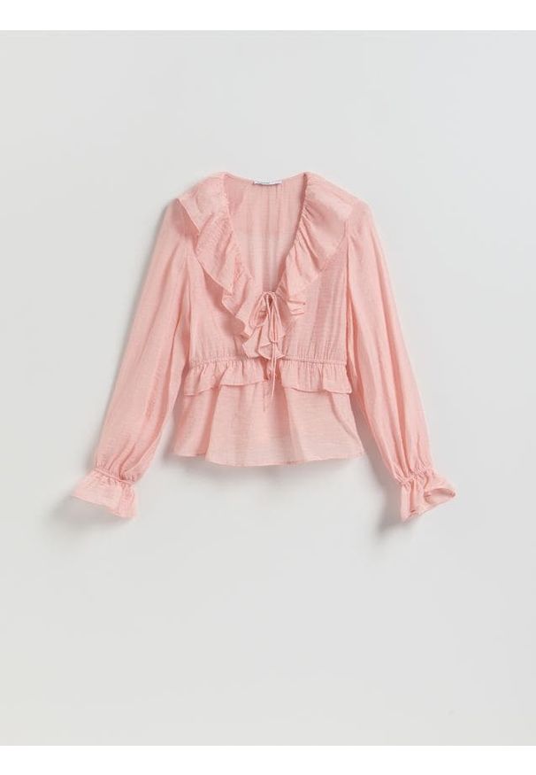 Reserved - Bluzka z falbanami - różowy. Kolor: różowy. Materiał: tkanina, wiskoza. Wzór: gładki