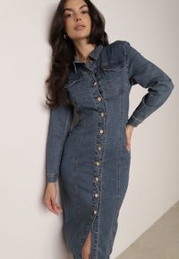 Born2be - Niebieska Jeansowa Sukienka Koszulowa o Taliowanym Kroju Neveala. Okazja: na co dzień. Kolor: niebieski. Materiał: jeans. Typ sukienki: koszulowe. Styl: casual, klasyczny. Długość: midi #5