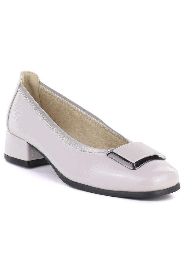 Skórzane czółenka na niskim obcasie szare Vinceza 18129. Kolor: szary. Materiał: skóra. Obcas: na obcasie. Wysokość obcasa: niski