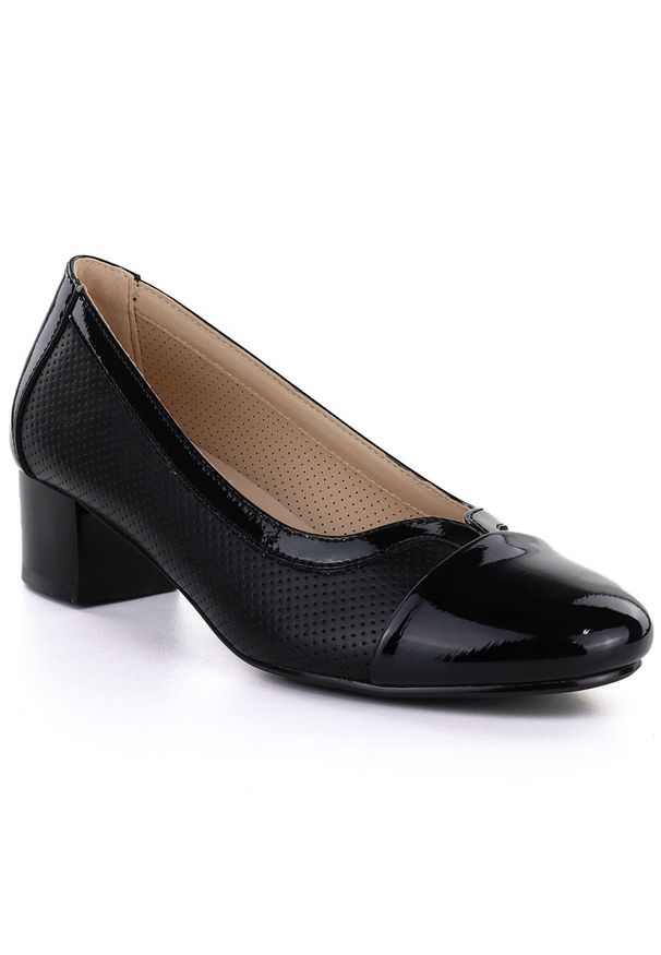 Czółenka damskie ażurowe lakierowane czarne Vinceza 58631. Kolor: czarny. Materiał: skóra ekologiczna. Wzór: ażurowy. Obcas: na obcasie. Wysokość obcasa: średni
