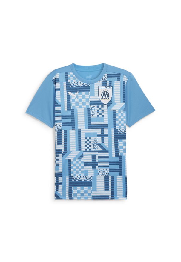 Puma - Męska koszulka przedmeczowa z krótkim rękawem Olympique Marsylia PUMA. Kolor: niebieski. Długość rękawa: krótki rękaw. Długość: krótkie. Wzór: aplikacja. Sport: piłka nożna