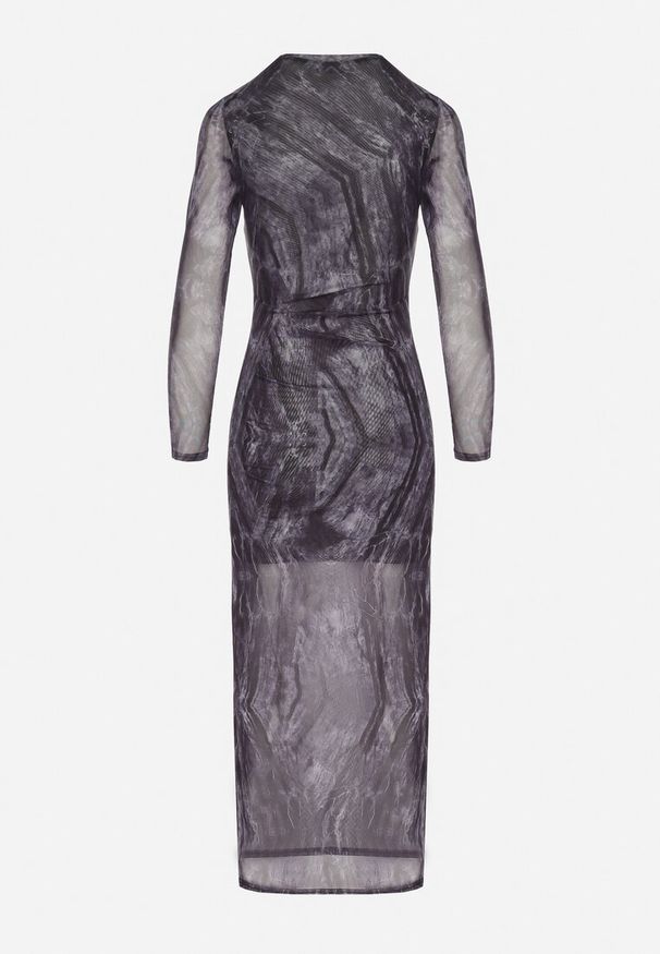 Born2be - Czarno-Szara Sukienka z Siateczki z Wiskozą Zdobiona Marszczeniem Nimione. Okazja: na co dzień. Kolor: czarny. Materiał: wiskoza. Długość rękawa: długi rękaw. Wzór: aplikacja. Styl: casual