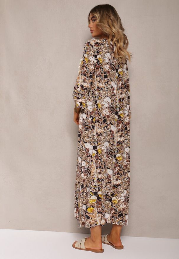 Renee - Beżowo-Czarna Sukienka Boho z Wiskozy Ozdobiona Ażurową Koronką i Chwostami Giorna. Kolor: beżowy. Materiał: koronka, wiskoza. Wzór: aplikacja, ażurowy, koronka. Sezon: lato. Styl: boho