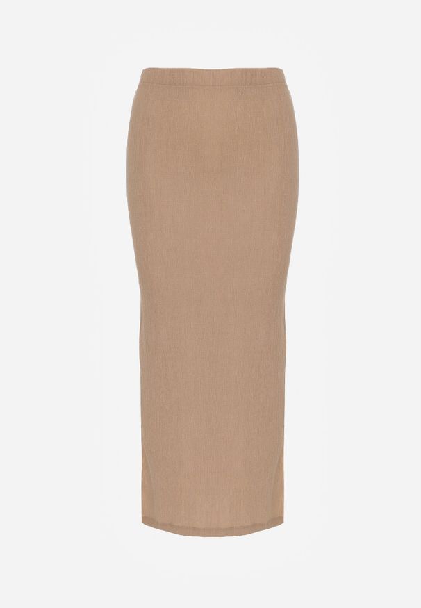 Born2be - Ciemnobeżowa Prosta Spódnica z Rozcięciem z Boku ze Strukturalnej Tkaniny Orinelin. Okazja: do pracy, na co dzień. Kolor: beżowy. Materiał: tkanina. Długość: długie. Styl: elegancki, casual