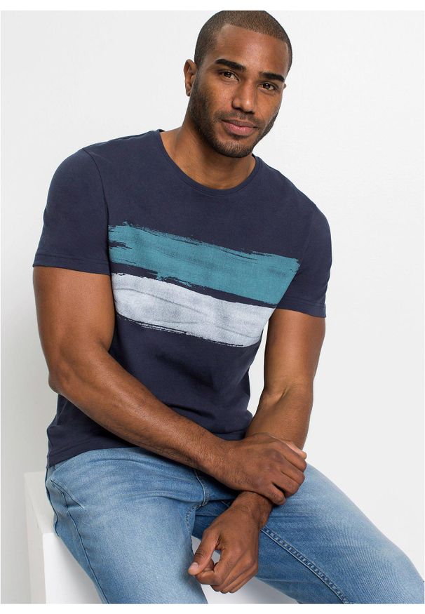 bonprix - T-shirt z czystej bawełny organicznej. Kolor: niebieski. Materiał: bawełna. Wzór: nadruk