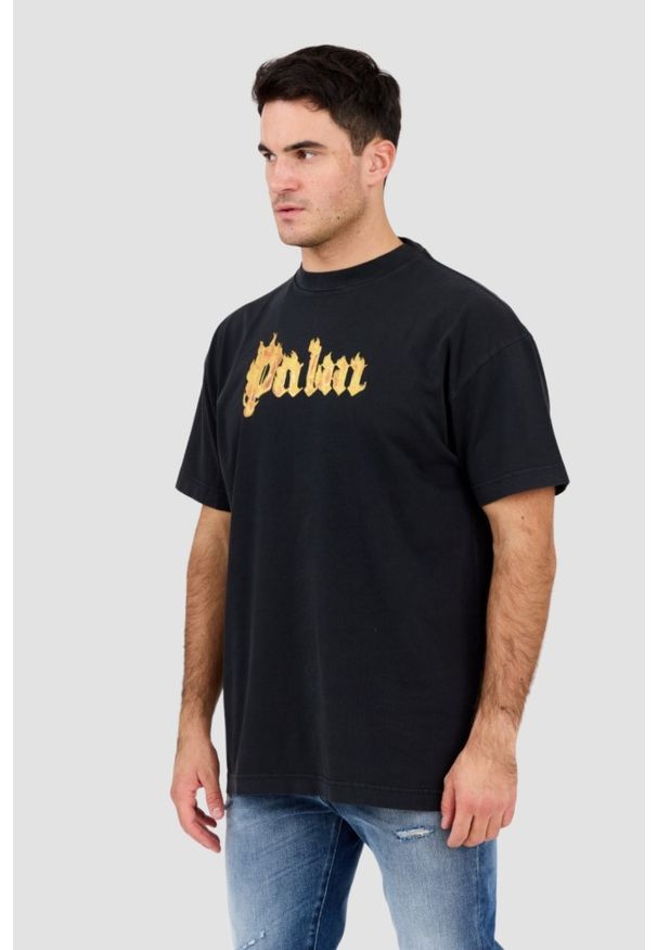 PALM ANGELS Czarny męski t-shirt Burning Logo Tee, Rozmiar XL. Kolor: czarny. Materiał: bawełna. Długość rękawa: krótki rękaw. Długość: krótkie