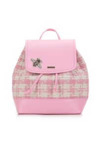 Wittchen - Damski plecak z tkaniny w kratę z błyszczącym owadem beżowo-różowy. Kolor: różowy, beżowy, wielokolorowy. Materiał: syntetyk, materiał. Wzór: haft, aplikacja. Styl: elegancki