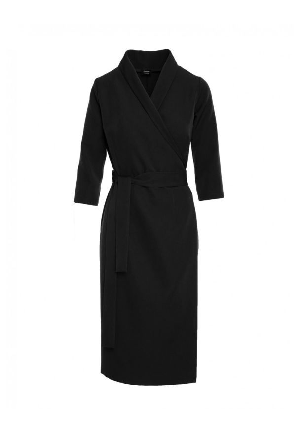 Stylove - Elegancka sukienka biznesowa kopertowa midi z paskiem czarna. Okazja: na spotkanie biznesowe. Kolor: czarny. Typ sukienki: kopertowe. Styl: biznesowy, elegancki. Długość: midi