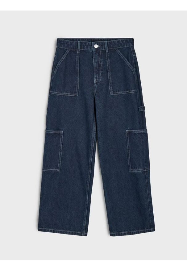 Sinsay - Bawełniane jeansy wide leg - niebieski. Kolor: niebieski