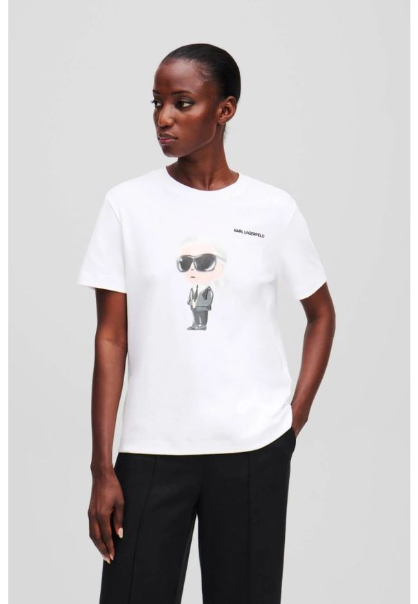 Karl Lagerfeld - KARL LAGERFELD Biały t-shirt damski Ikon Aquarelle K. Okazja: na co dzień. Kolor: biały. Materiał: materiał. Styl: elegancki, casual