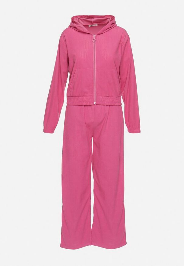 Born2be - Fuksjowy Sztruksowy Komplet Dresowy Bluza z Kapturem i Szerokie Spodnie z Kieszeniami Makeria. Kolor: różowy. Materiał: sztruks, dresówka
