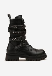 Born2be - Czarne Botki Workery z Paskami z Ćwiekami i Klamrami w Rockowym Stylu Zarfina. Okazja: na co dzień. Zapięcie: klamry. Kolor: czarny. Materiał: jeans, skóra. Styl: rockowy #5
