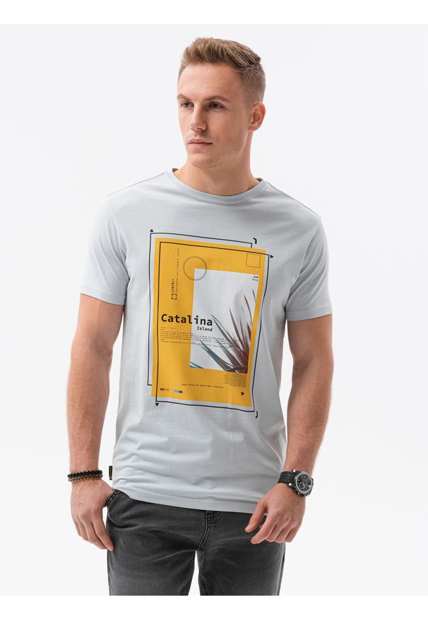 Ombre Clothing - T-shirt męski z nadrukiem S1434 V-13B - niebieski - XXL. Kolor: niebieski. Materiał: bawełna. Wzór: nadruk. Styl: klasyczny