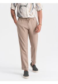 Ombre Clothing - Męskie podwijane spodnie chino z dodatkiem lnu – jasnobrązowe V3 - Rozmiar: XL. Okazja: na co dzień. Kolor: brązowy. Materiał: len. Sezon: lato. Styl: casual #8