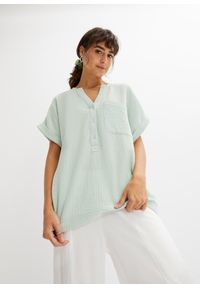 bonprix - Bluzka muślinowa z krótki rękawem. Kolor: zielony. Długość rękawa: krótki rękaw. Długość: krótkie. Styl: elegancki #1