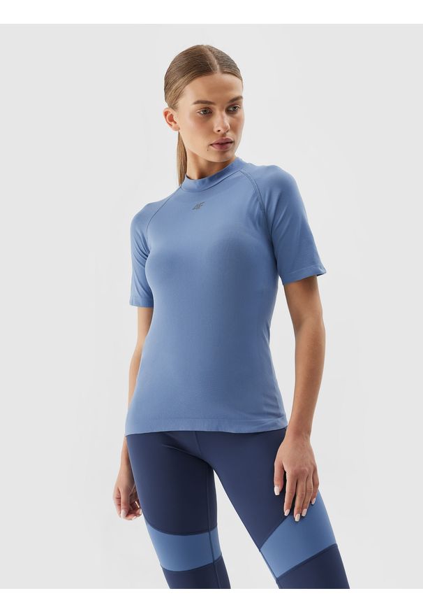 4f - Koszulka do biegania bezszwowa damska. Kolor: niebieski. Materiał: dzianina. Długość rękawa: krótki rękaw