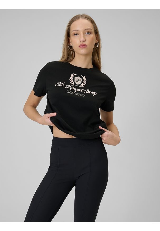 4f - 4F T-shirt boxy z nadrukiem damski - czarny L. Okazja: na co dzień. Kolor: czarny. Materiał: dzianina, bawełna, materiał. Wzór: nadruk. Styl: casual