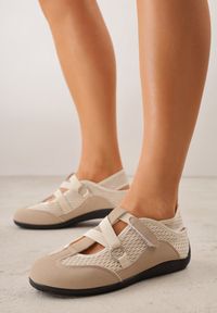 Born2be - Ciemnobeżowe Siateczkowe Sneakersy w Stylu Balerinek z Paskiem na Rzep Talenate. Okazja: na co dzień. Zapięcie: rzepy. Kolor: beżowy. Materiał: jeans, materiał #1