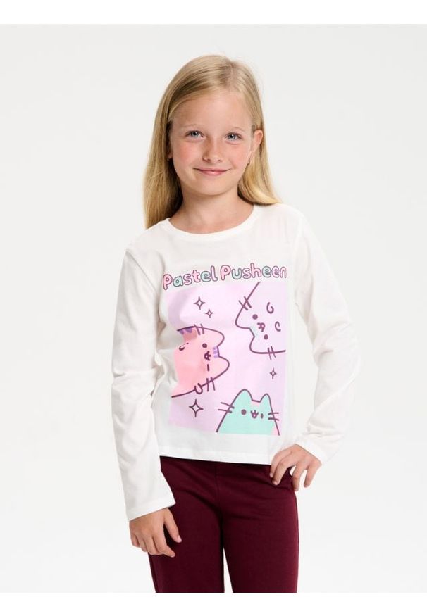 Sinsay - Koszulka z długimi rękawami Pusheen the Cat - kremowy. Kolor: kremowy. Długość rękawa: długi rękaw. Długość: długie