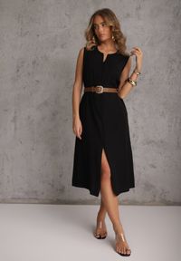 Renee - Czarna Pudełkowa Sukienka z Wiskozą Bawełną Guzikami i Paskiem Magmaris. Okazja: na co dzień, do pracy. Kolor: czarny. Materiał: wiskoza, bawełna. Sezon: wiosna, lato. Styl: casual, elegancki #8