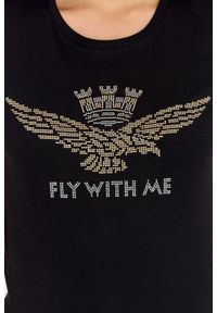 Aeronautica Militare - AERONAUTICA MILITARE Czarny bawełniany t-shirt damski z orłem wykonanym z dżetów, Rozmiar XS. Kolor: czarny. Materiał: bawełna