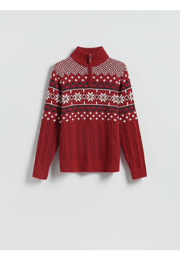 Reserved - Sweter ze świątecznym wzorem - czerwony. Kolor: czerwony. Materiał: dzianina, bawełna. Styl: wizytowy