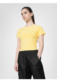 4f - T-shirt crop-top gładki damski. Kolor: żółty. Materiał: bawełna, elastan. Długość rękawa: raglanowy rękaw. Wzór: gładki