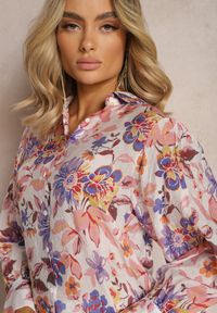 Renee - Biało-Różowa Koszula w Kwiaty z Bufiastymi Rękawami Runelia. Kolor: biały. Wzór: kwiaty