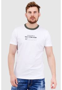 Diesel - DIESEL Biały t-shirt męski z lamówką w kolorze khaki, Rozmiar M. Kolor: biały. Materiał: prążkowany. Wzór: nadruk #1