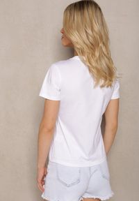 Renee - Biały T-shirt Bawełniany z Nadrukiem i Cyrkoniami Ebilane. Kolor: biały. Materiał: bawełna. Wzór: nadruk. Sezon: lato