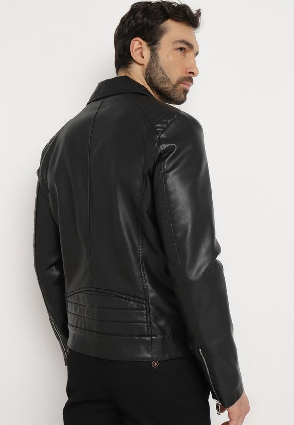 Born2be - Czarna Motocyklowa Kurtka Ramoneska z Imitacji Skóry z Zasuwanymi Kieszeniami Wrassa. Kolor: czarny. Materiał: skóra. Styl: elegancki