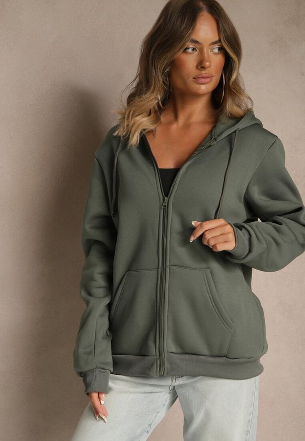 Renee - Zielona Bluza Rozpinana z Kapturem z Bawełną Ozdobiona Sznurkami Odiola. Okazja: na co dzień. Typ kołnierza: kaptur. Kolor: zielony. Materiał: bawełna. Wzór: aplikacja. Styl: sportowy, casual
