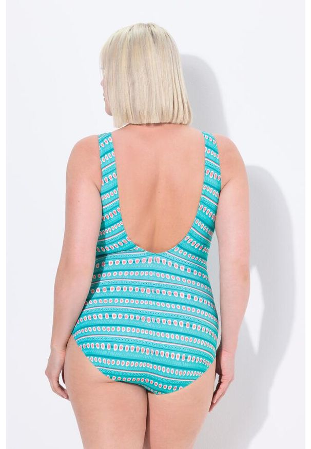 ULLA POPKEN - Damskie Strój kąpielowy paski miękkie miseczki ozdobne tasiemki. Kolekcja: plus size. Kolor: niebieski. Materiał: elastan, materiał, poliester, poliamid. Wzór: paski