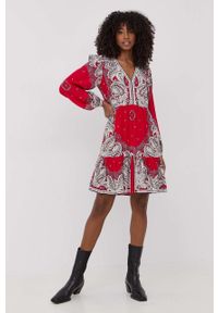 TwinSet - Twinset sukienka kolor czerwony mini rozkloszowana. Kolor: czerwony. Materiał: tkanina. Długość rękawa: długi rękaw. Typ sukienki: rozkloszowane. Długość: mini #2