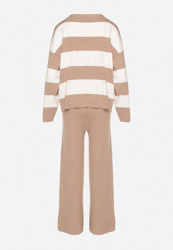 Born2be - Beżowy Dzianinowy Komplet Szerokie Spodnie i Sweter w Paski Falesea. Kolor: beżowy. Materiał: dzianina. Wzór: paski