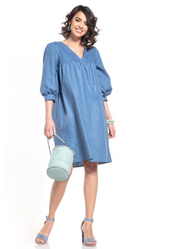 Tessita - Midi Sukienka z Bufiastym Rękawem - Niebieska. Kolor: niebieski. Materiał: bawełna. Długość: midi