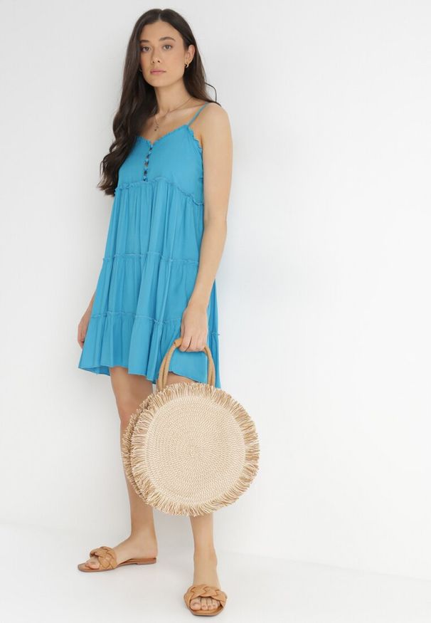 Born2be - Niebieska Sukienka z Wiskozy Nees. Typ kołnierza: kołnierz z falbankami. Kolor: niebieski. Materiał: wiskoza. Długość rękawa: na ramiączkach. Wzór: gładki. Długość: mini