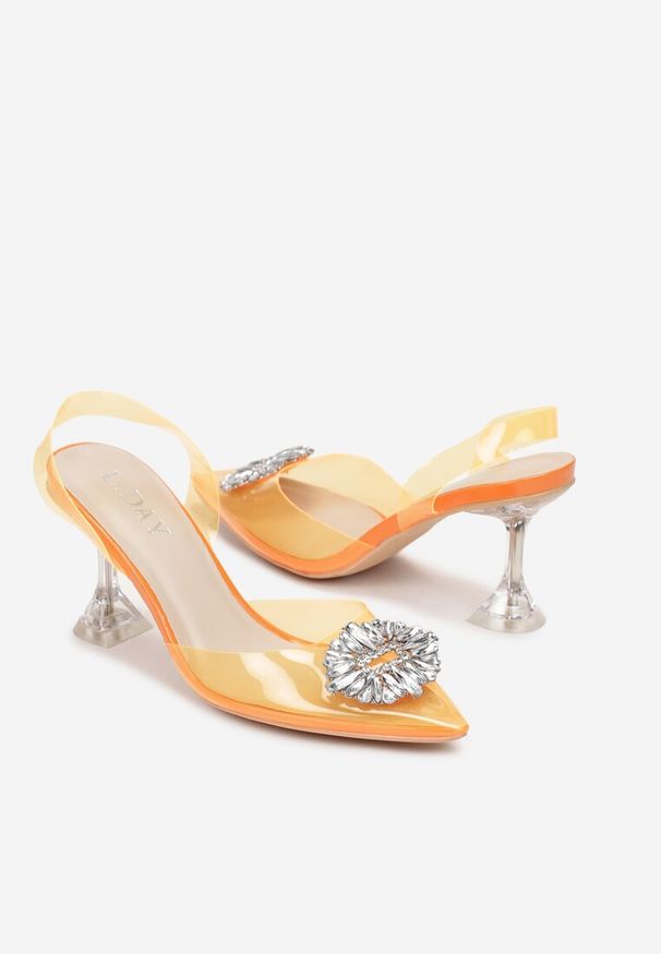 Renee - Pomarańczowe Sandały z Klepsydrową Szpilką i Transparentnym Noskiem w Szpic Frantis. Kolor: pomarańczowy. Obcas: na obcasie. Wysokość obcasa: średni