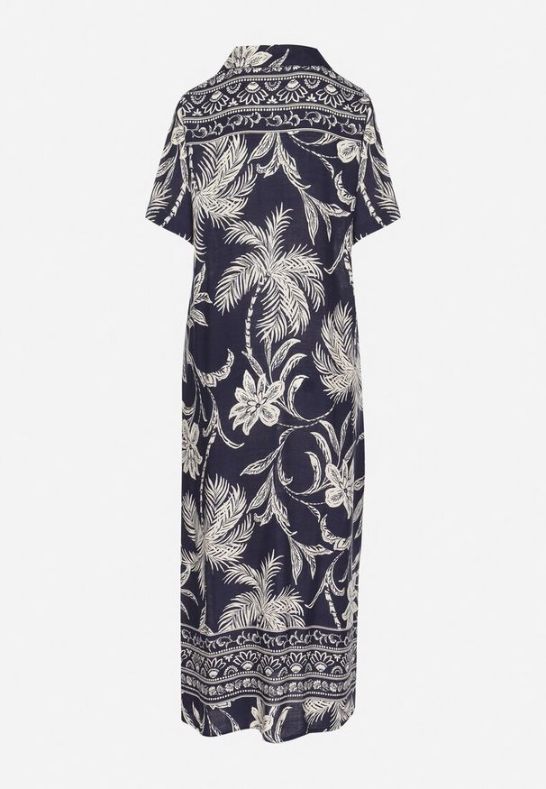 Born2be - Granatowa Koszulowa Sukienka z Wiskozy w Kwiatowy Wzór z Kieszeniami Eramira. Okazja: na co dzień. Kolor: niebieski. Materiał: wiskoza. Długość rękawa: długi rękaw. Wzór: kwiaty. Sezon: lato. Typ sukienki: koszulowe. Styl: casual, elegancki