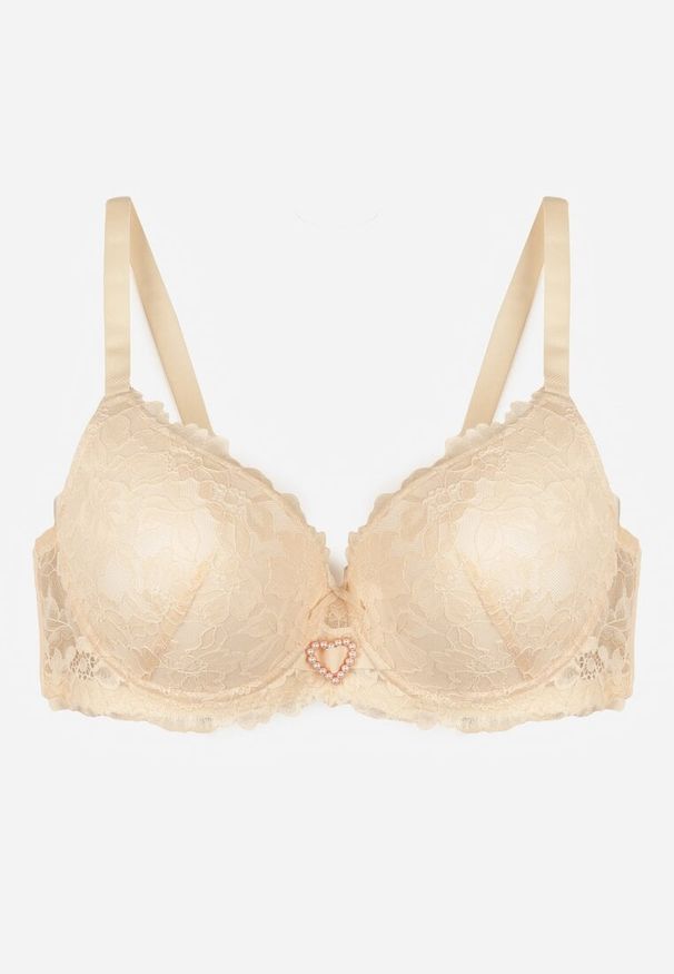 Born2be - Beżowy Biustonosz z Koronką i Sercem z Cyrkonii Coratune. Kolor: beżowy. Materiał: koronka. Wzór: koronka