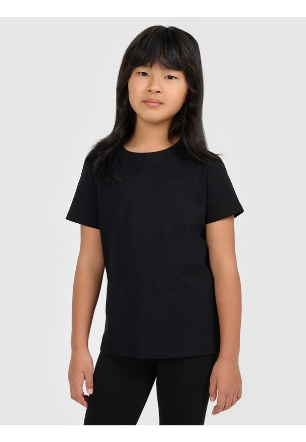 4f - 4F T-shirt gładki dziewczęcy - czarny 164 (13-14 lat). Okazja: na co dzień. Kolor: czarny. Materiał: dzianina, jersey, bawełna. Długość rękawa: krótki rękaw. Długość: krótkie. Wzór: gładki. Sezon: lato. Styl: casual, klasyczny, sportowy