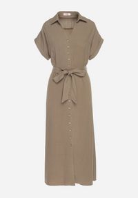 Born2be - Ciemnozielona Sukienka Koszulowa z Wiskozy i Lnu Wiązana w Talii z Kieszeniami Efrasira. Okazja: na co dzień. Kolor: zielony. Materiał: len, wiskoza. Typ sukienki: koszulowe. Styl: casual, elegancki #5