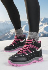 Born2be - Czarno-Fuksjowe Sznurowane Buty Trekkingowe Traperki Vices na Grubej Podeszwie Afertie. Kolor: czarny. Materiał: jeans. Styl: sportowy #1