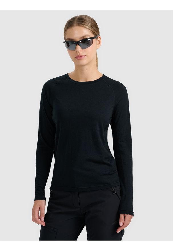 4f - 4F Longsleeve trekkingowy szybkoschnący z wełną merino damski - czarny M. Kolor: czarny. Materiał: wełna. Długość rękawa: długi rękaw. Technologia: Primaloft. Sport: wspinaczka, turystyka piesza