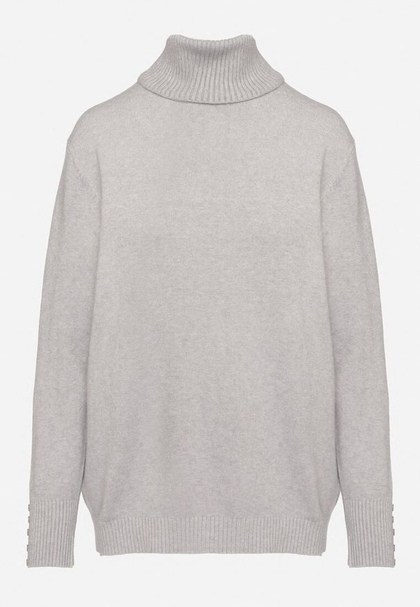 Born2be - Szary Golf z Wiskozą o Pudełkowym Kroju z Ozdobnymi Guzikami przy Rękawach Tialyn. Okazja: na co dzień. Typ kołnierza: golf. Kolor: szary. Materiał: wiskoza. Długość rękawa: długi rękaw. Długość: długie. Styl: casual