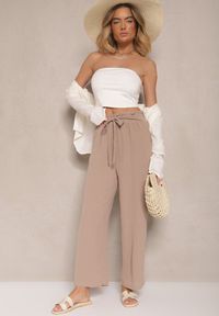 Renee - Ciemnobeżowe Spodnie z Wiskozą o Szerokim Kroju High Waist z Wiązaniem Ivelwia. Stan: podwyższony. Kolor: beżowy. Materiał: wiskoza. Sezon: lato