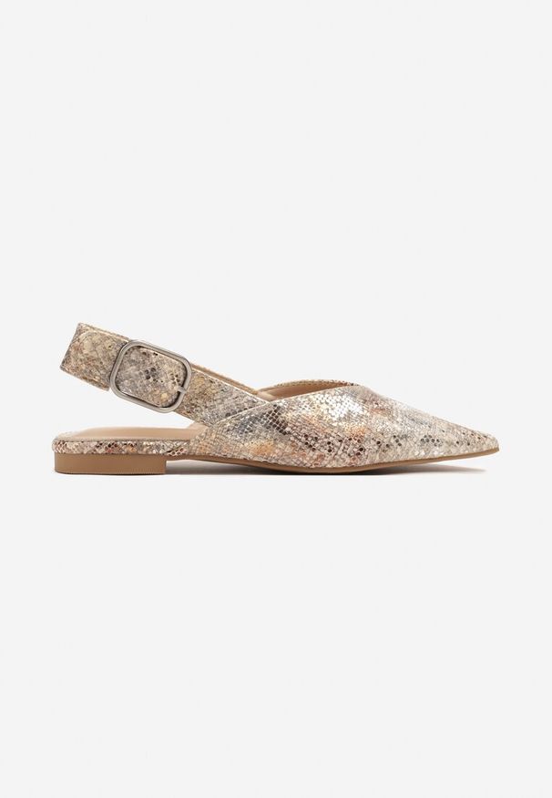 Renee - Złote Wężowe Sandały Typu Slingback Ozdobione Klamrą Banelias. Okazja: na co dzień. Zapięcie: klamry. Kolor: złoty. Materiał: jeans. Wzór: aplikacja. Sezon: wiosna, lato. Styl: klasyczny, wizytowy, casual