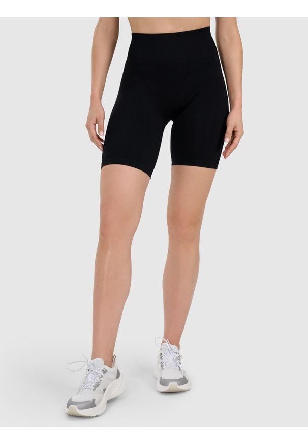 4f - 4F Legginsy kolarki treningowe bezszwowe damskie - czarne XS/S. Stan: podwyższony. Kolor: czarny. Materiał: dzianina, materiał, syntetyk, włókno, elastan. Długość: krótkie. Wzór: gładki. Sport: fitness