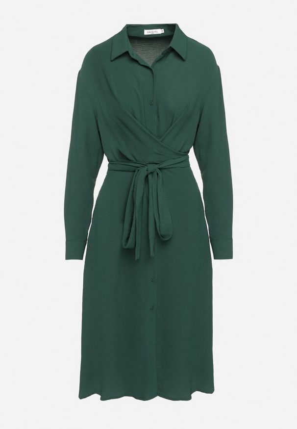 Born2be - Ciemnozielona Koszulowa Sukienka Midi z Guzikami i Materiałowym Paskiem Tetenai. Okazja: na co dzień. Kolor: zielony. Materiał: materiał. Typ sukienki: koszulowe. Styl: casual. Długość: midi