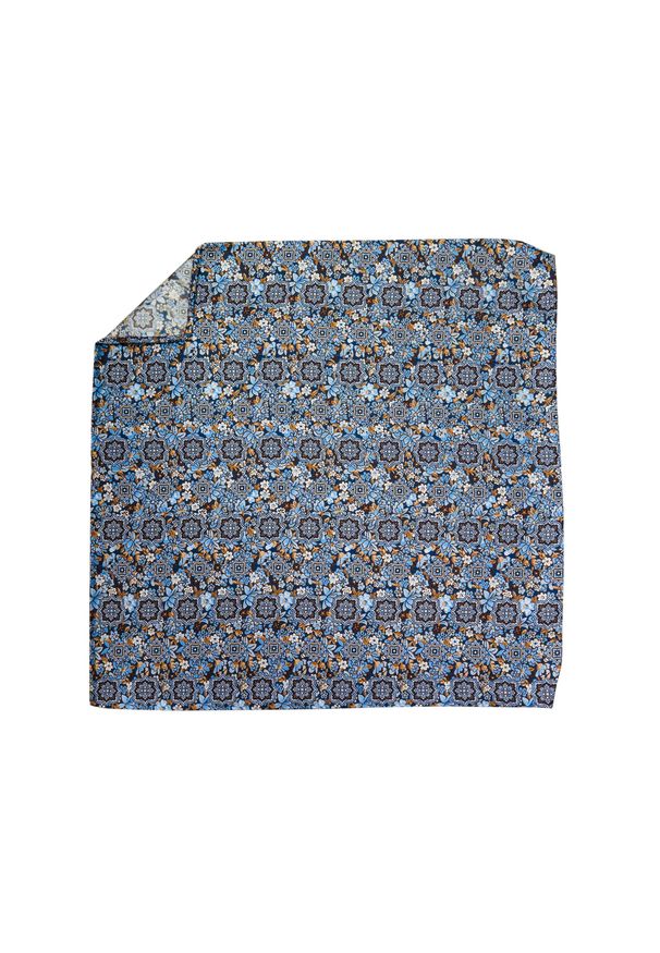 Adam Collection - Niebiesko-brązowa jedwabna poszetka w orientalny wzór, kwiaty EJ6. Kolor: brązowy, wielokolorowy, niebieski. Materiał: jedwab. Wzór: kwiaty